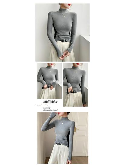 Women's Color Block Slimming Semi-High Neck Long Sleeve Top for Autumn/Winter