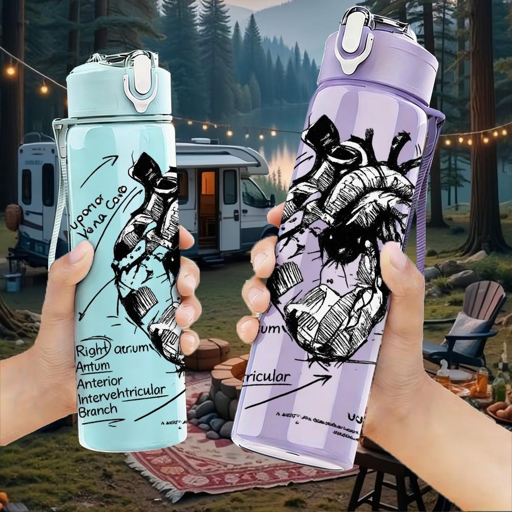 1PC Anatomical Heart Sketch Line Art Print 750ml Color Plastic Sports Water Bottle Leakproof Flip Straw Lid Suitable for Sports Office Home Use