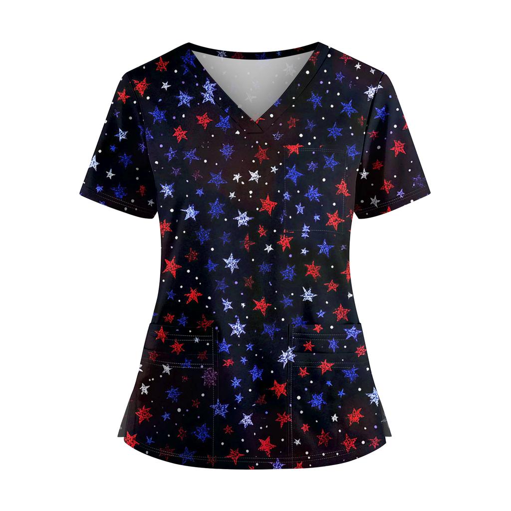 Women's Independence Day Print V-Neck Double Pocket Short Sleeve Uniform with Slit Hem - Caregiver Top