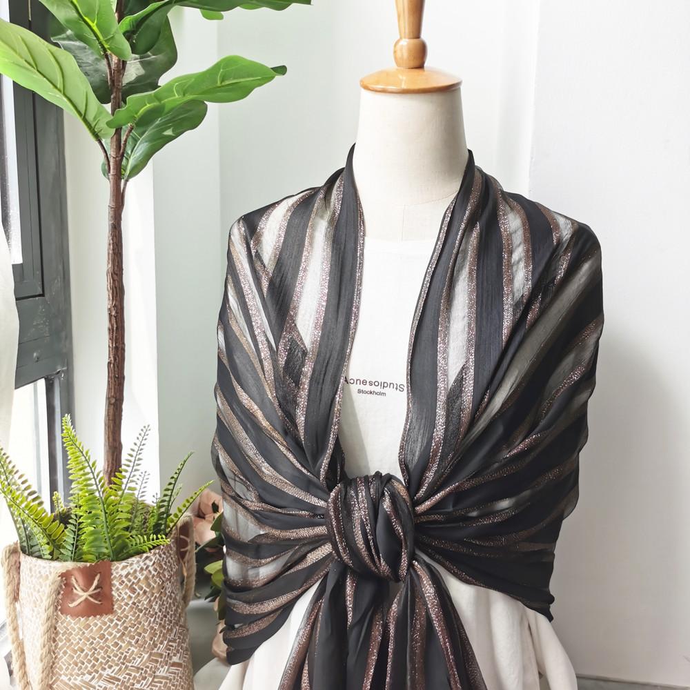 Silk Scarf for Women's New Spring and Autumn Women's Scarf for Women's Gold Thread Vertical Stripe Elegant Shawl for Women's Headscarf