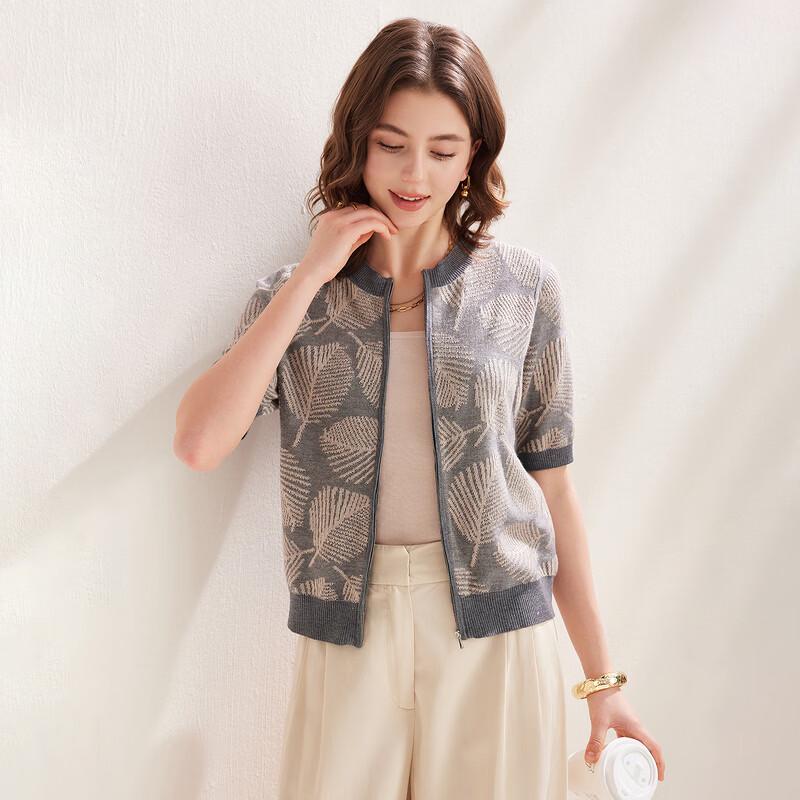 Zhaojun Women's Two-Tone Jacquard Zipper Knit Cardigan