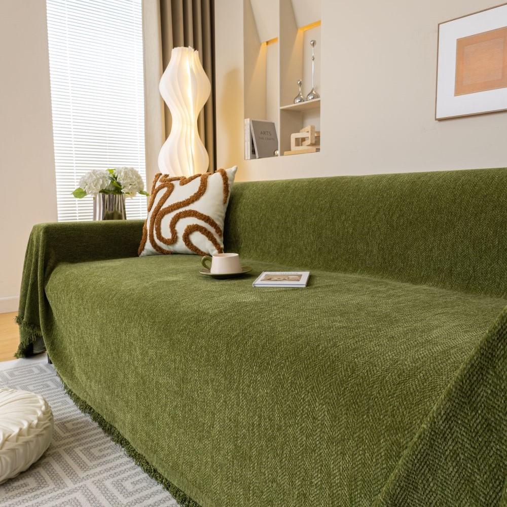 Two-seat Sofa Chenille Reversible Sofa Towel for Decoration Couch Cover With Fringes Throw Blanket Chair Slipcover for Pets Kids