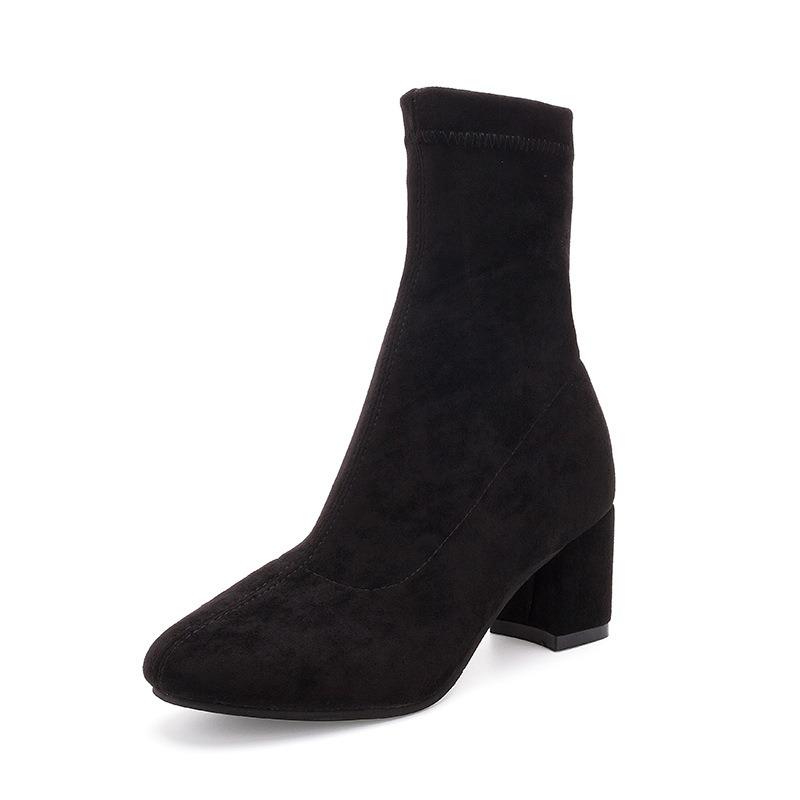Autumn and winter new suede leather boots square head thick heel casual short boots thick heel medium heel elastic cloth boots