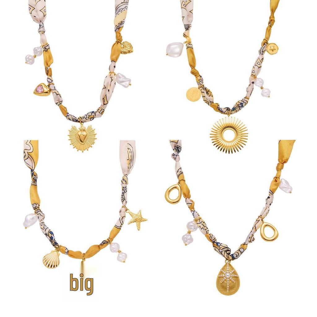 Qiong Yao Multi-Pendant Pearl Silk Scarf Necklace with Stainless Steel Clavicle Chain