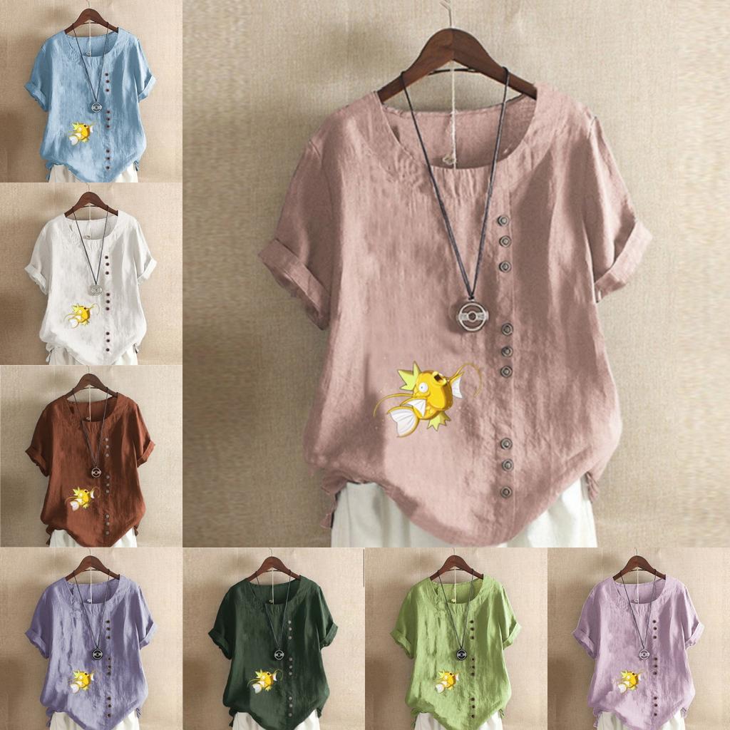 Women's Fashion Goldfish Prined Round Neck Short Sleeve T-shirt Casual Cotton Linen Graphic Shirt Leisure Loose Summer Blouse Tops