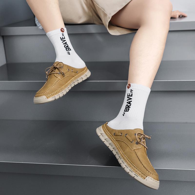 Men's Summer New Large Size Slip-On Driving Shoes Outdoor Genuine Leather Breathable Rubber Sole Square Toe Bean Bean Shoes