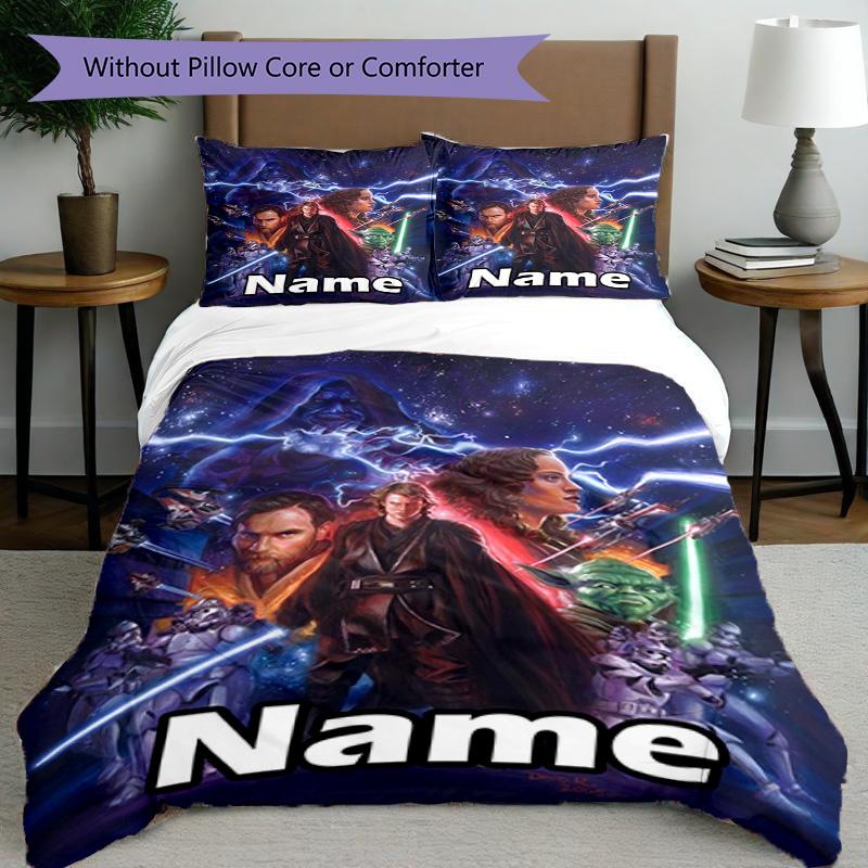 3-delige dekbedovertrekset (1*Dekbedovertrek + 2*Kussensloop, Zonder Vulling), Beddengoed Set met Gepersonaliseerde Naam en Star Wars Patroon, Home Slaapkamer Decoratie Cadeau