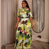 European and American Short-sleeve Printed Lace-up Slim Fit Top for Women, African New High-waisted Wide-leg Pants Set