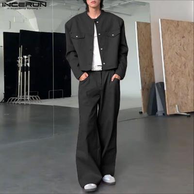 Oversized Men Collarless Long Sleeve Shirts Long Pants Casual Two Pieces Outfits