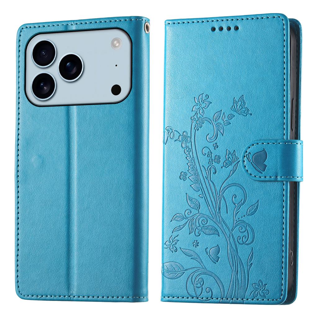 For iPhone 17 Pro Wallet Case Butterfly Floral Imprint PU Leather Phone Cover with Wrist Strap