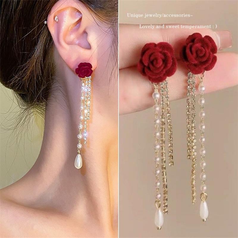 Elegantní Módní Korejské Zirkonové Trhané kaméliové perlové střapcové Visací Náušnice pro Ženy Dívky Dárek Šperky Velkoobchod