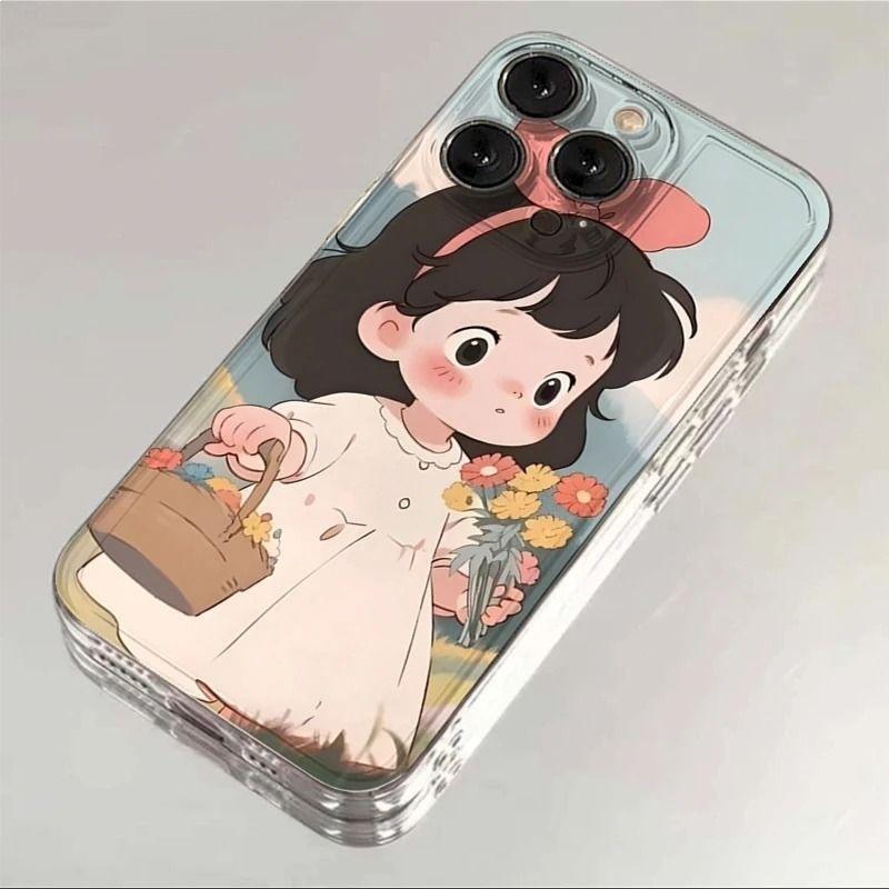 Flower Picking Girl Applies To Apple 16PROMAX Mobile Phone Case iPhone15 Transparent 14 Creative 13 Soft Case 12 Cute