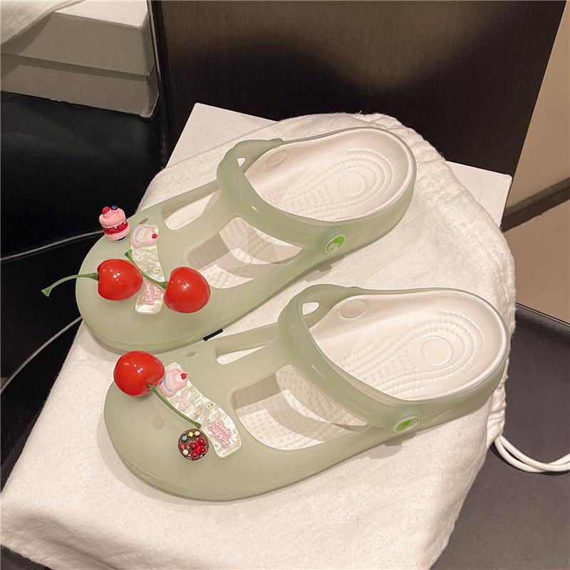 

Cute and cute Mary Jane hole shoes women wear non-slip thick-soled breathable cherry bag head sandals at home in summer 40 зелёный