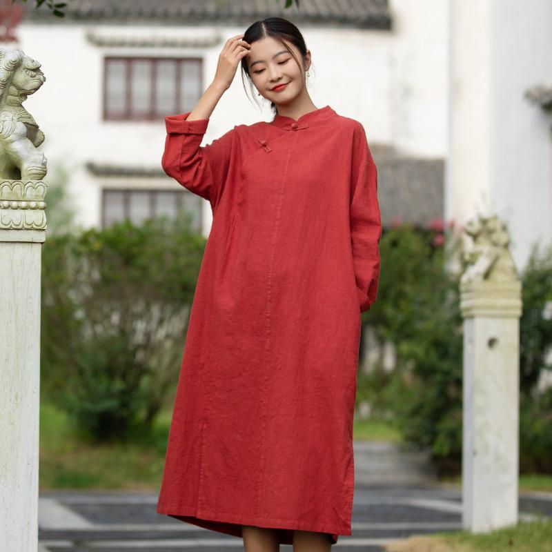 2026 Spring Chinese Style Handmade Frog Button Patchwork Slimming Zen Qipao Dress for Women