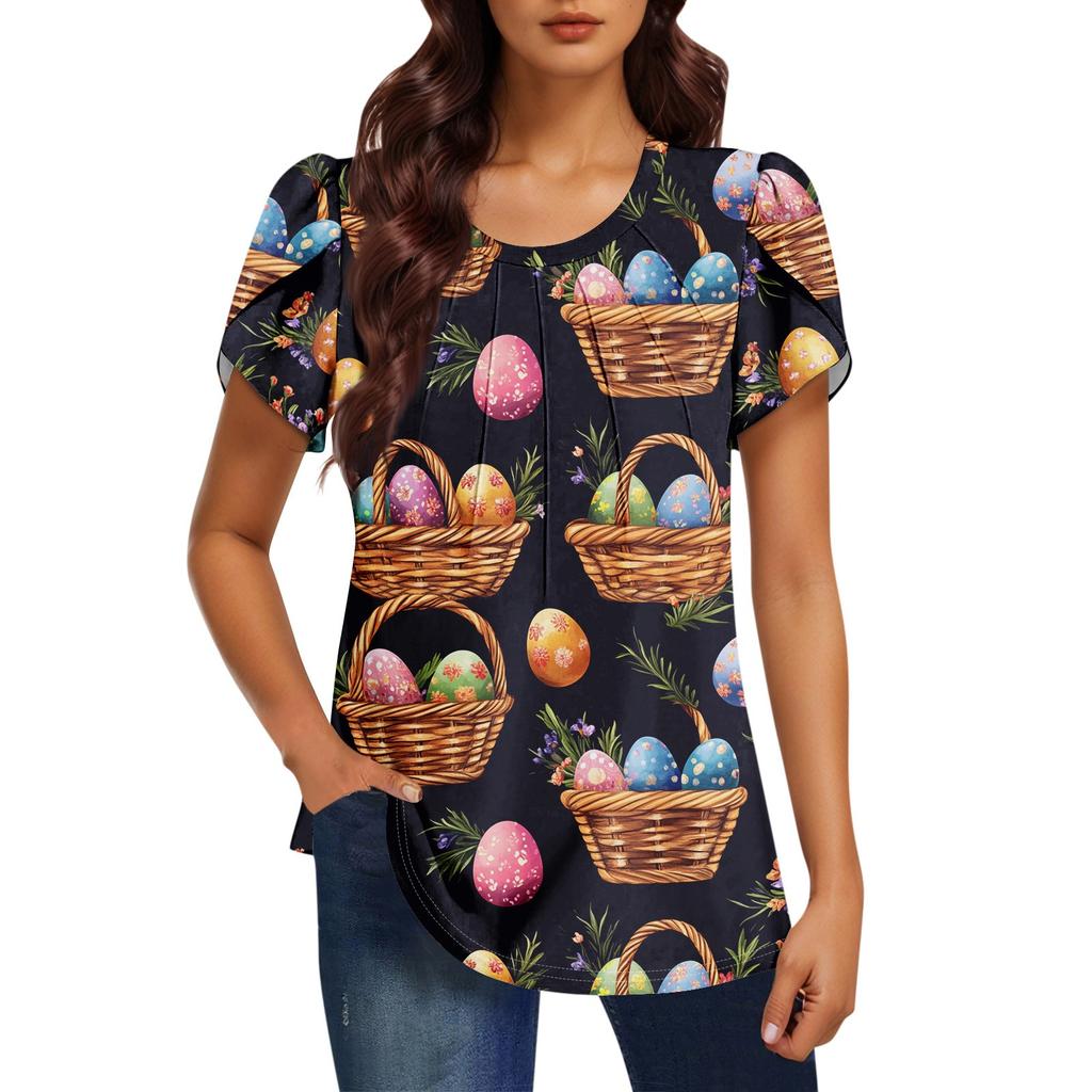 Women's Fashionable Round Neck Short Sleeve Printed Casual Basic Pleated Pullover T-shirt Top