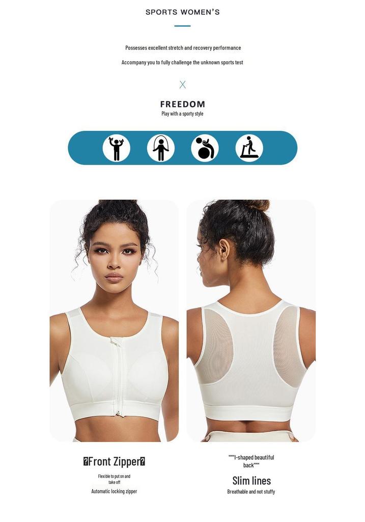 Women's Wireless Sports Bra - Front Zipper, Anti-Sag, Shockproof, Plus Size, Beautiful Back Design for Fitness and Running