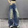 Plus Size Womens Distressed Jeans High Waist Loose Wide Leg Streetwear Denim Pants