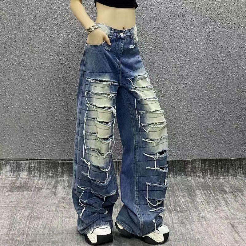 Plus Size Womens Distressed Jeans High Waist Loose Wide Leg Streetwear Denim Pants