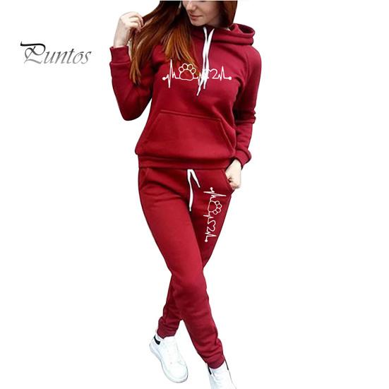 Women Tracksuit 2Pcs/Set Long Sleeve Drawstring Pockets Elastic Waist Mid-rise Casual Autumn Winter Heartbeat Print Hooded Sweatshirt Pants Set Sport