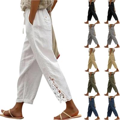 Women's Casual Solid Color Lace Splicing Design High Waist Drawstring Pocket Nine Minute Pants