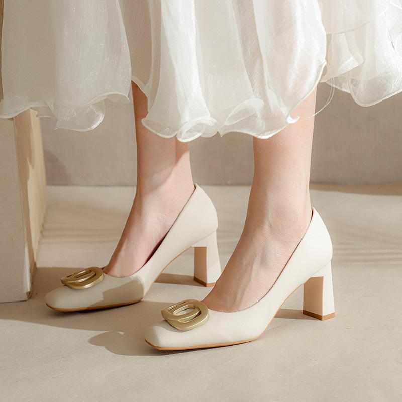 Fu Number, Square Head Thick Heel High Heels, Spring Shoes, New Shallow Mouth Fashion Shoes, Buckle Shoes, French Simple Women