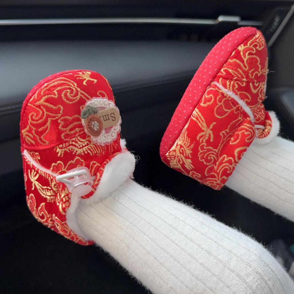 Chinese New Year Tiger Head Baby Shoes - First Birthday, Red & Warm for Winter Visits, Tang Suit Style