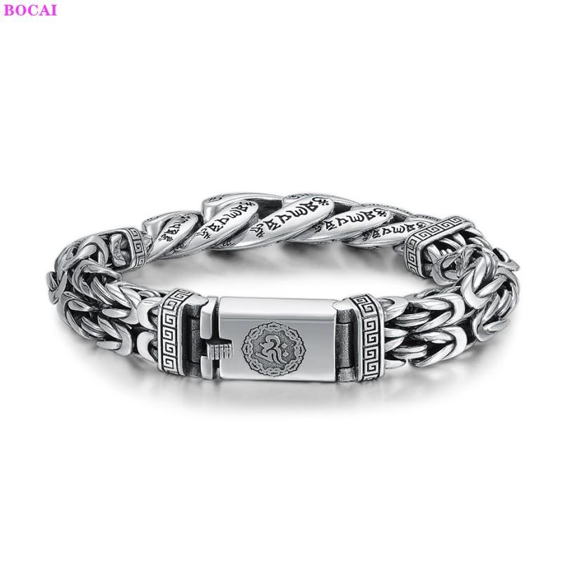 100 % S925 Sterling Silber Armbänder Buddhismus Sechs Zeichen Wahrheit Flache Thai Silber Hand Kette Reines Argentum Herren Armreif