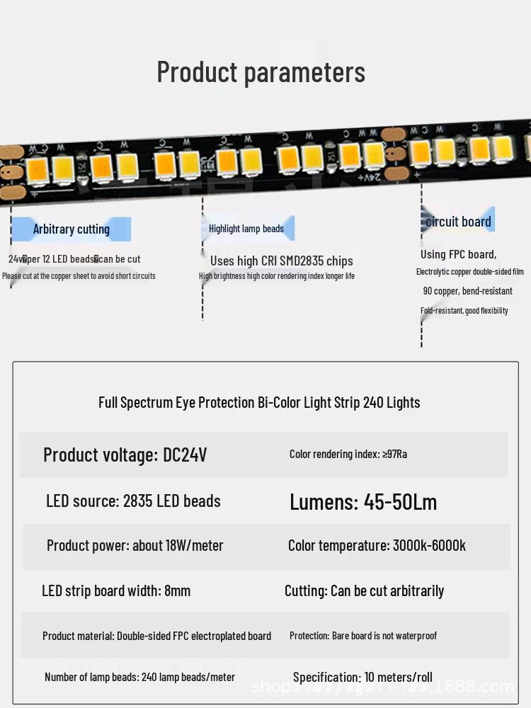 Smart 24V Dual Color LED Strip: 240 LEDs, Dimmable & Adjustable Color Temperature, Connects to Smart Systems.