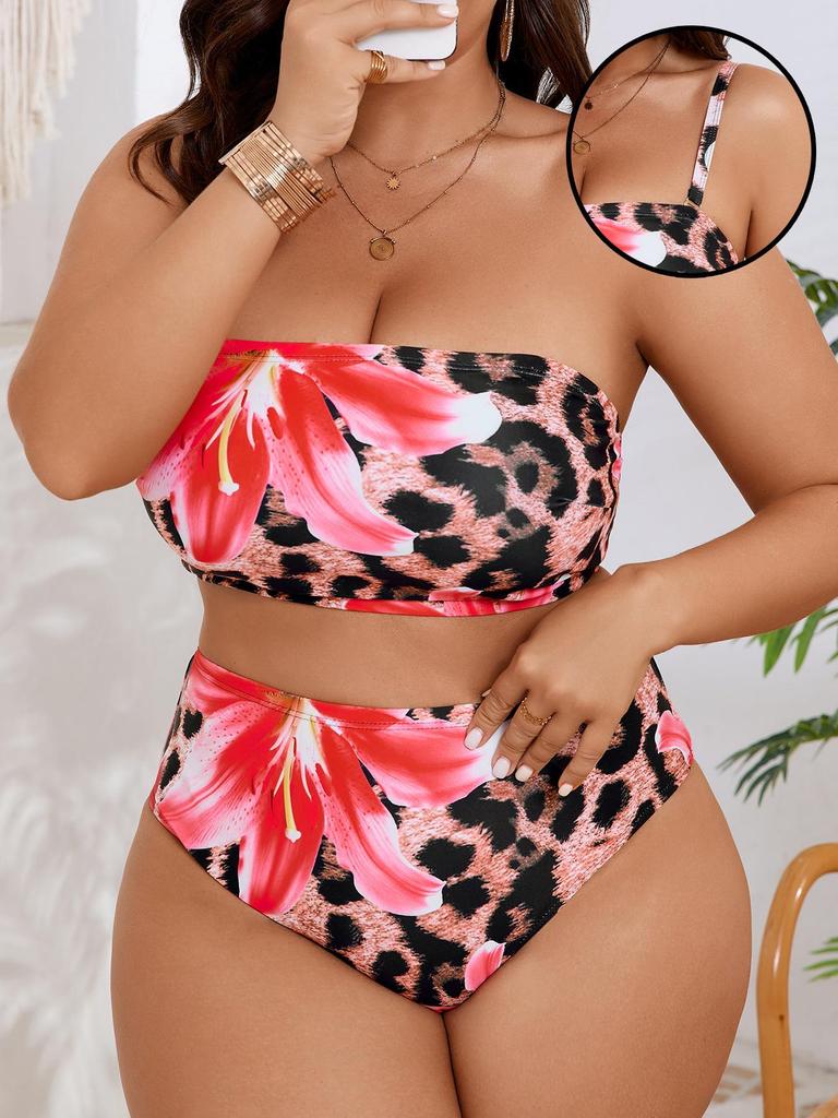 2026 Plus Size Floral Two-Piece Bikini with Removable Straps for Women