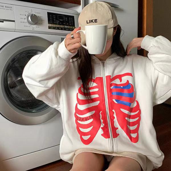2023 European and American New Hoodie Skull Hiphop Sweater Women's Loose Street Sports Zipper Cardigan Y2k Jacket