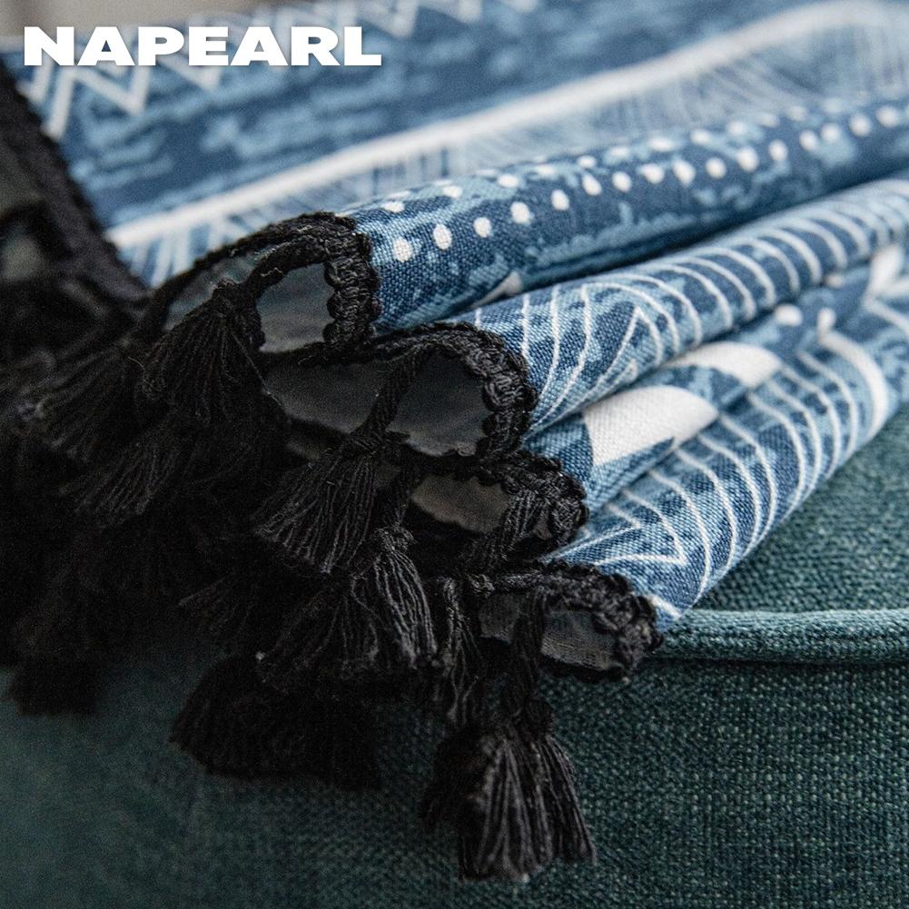 1PC NAPEARL Bohemian Style Blue Geometric Print Curtain with Fringe Semi Blackout for Small Windows Balcony Home Decor