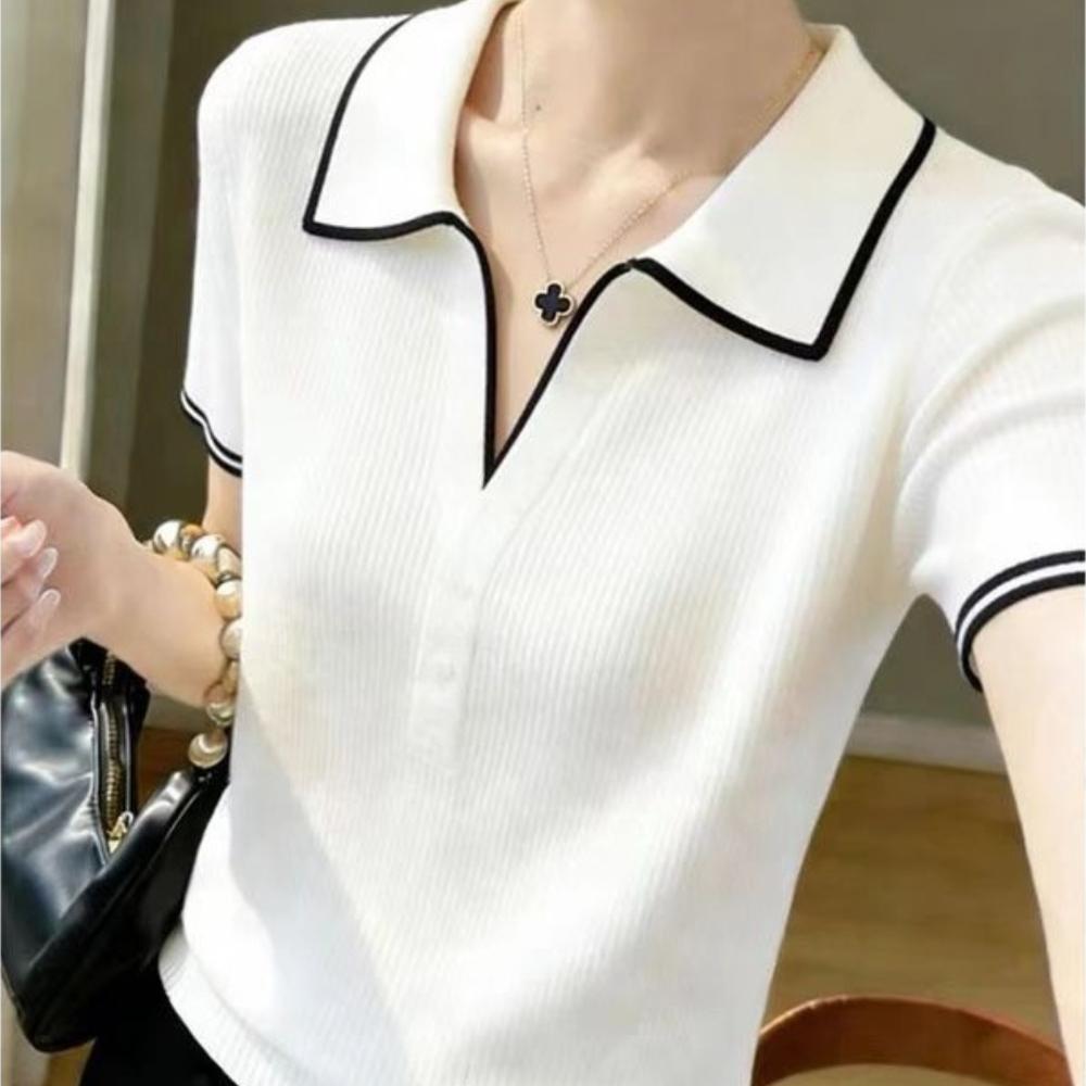 Contrasting-color Polo-neck Knitted Short-sleeved Summer Lightweight Blouse with A V-neck for Casual Office Wear, A Slimming and Versatile Style Top.
