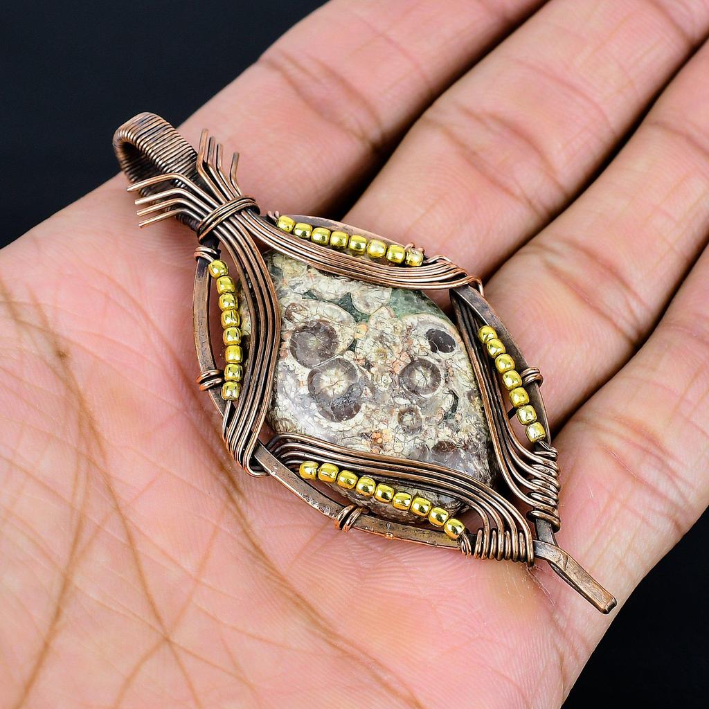 Crocodile Jasper 999 Copper Wire Wrapped Pendant, Handmade Gemstone Jewelry Pendant Gift For Birthday