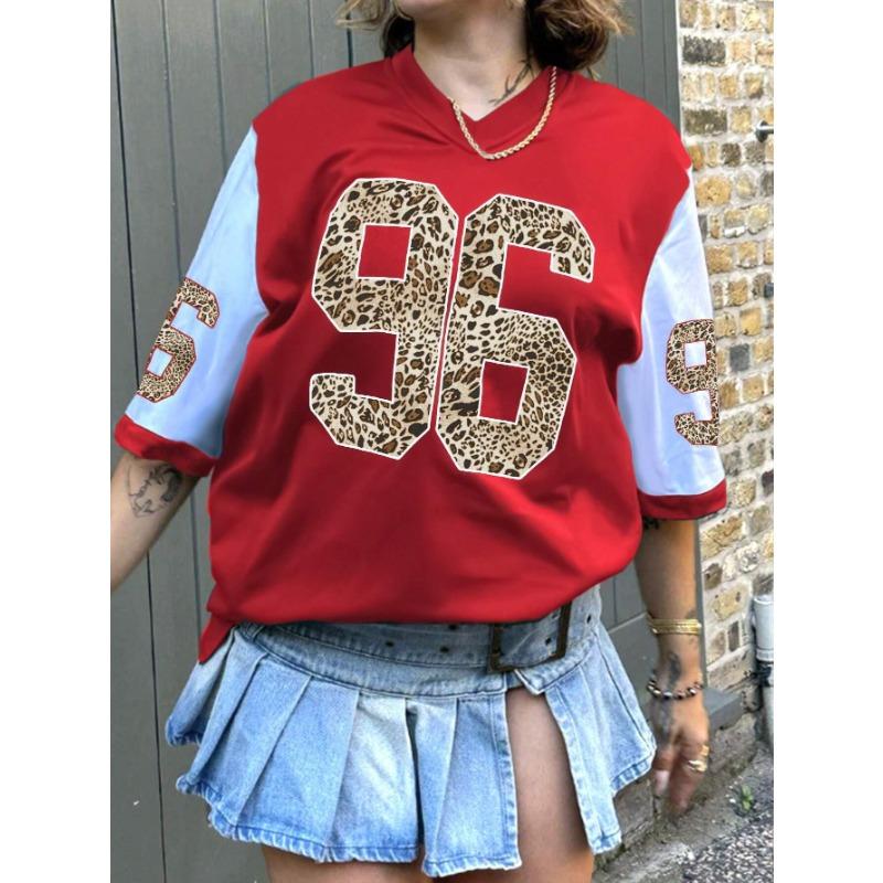 

Women s NO.96 Letter Print V-Neck Short Sleeve T-Shirt Summer Graphic Tee Casual Jerseys Oversized Sport T-Shirt XL