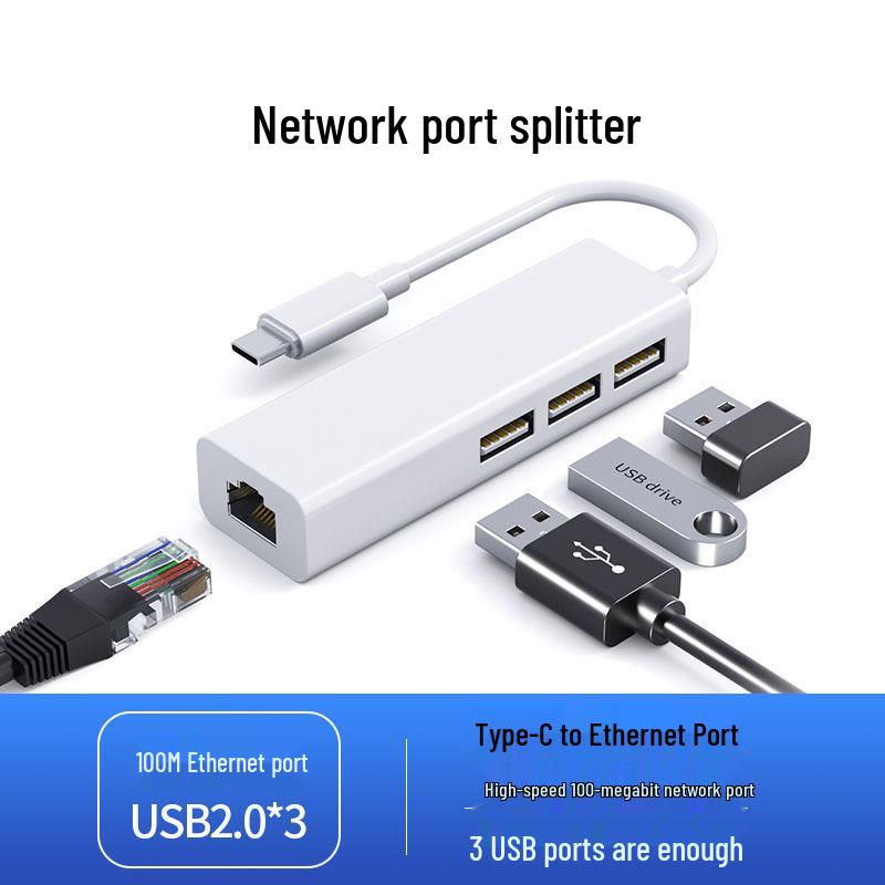 RJ45 Type-C To Ethernet USB 2.0 Hub, Driver-Free 100 Mbps Network Card Converter.