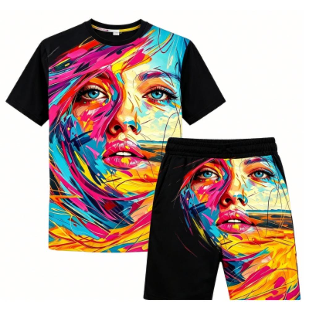Funny Graffiti Portrait Printed Outdoor Street 11 Colors Kids T-shirt and Shorts 2 Piece Set Summer Home Casual Outfit Boy and Girl s Sports Set 100
