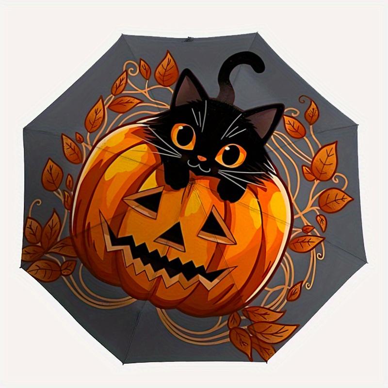 1pc Pumpkin and Flowers Cat Durable Cartoon Folding Umbrella, Portable 3-Fold Compact Umbrella for Men and Women, Suitable for Travel or Daily Us