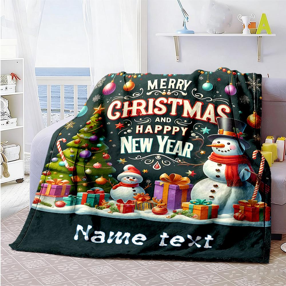 Xmas Christmas Snowman Customize Text Blanket Cozy Personalized Blanket Comfortable Great for Sofa Home Decor Office Livingroom