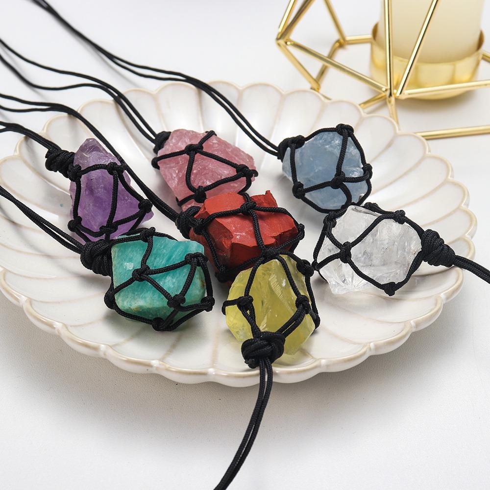 Crystal Jewelry Rough Healing Stones Natural Hand Woven Raw Stone Crystal Pendant Necklace
