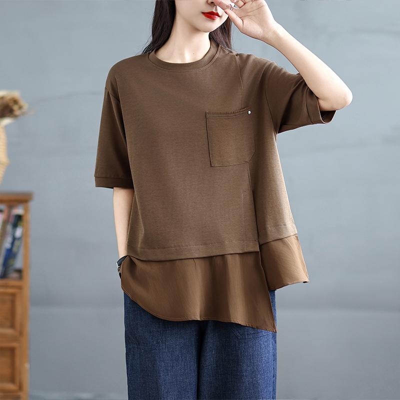 

DIMANAF 2025 Summer Plus Size Tops Cotton T-Shirt Solid Asymmetrical Women O-Neck Short Sleeve Loose Tees XL коричневий