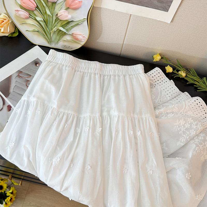 DIMANAF 2025 Summer Women New Skirts Flower Vintage Elastic Pleated Elegant White Skirts Lace High Waist