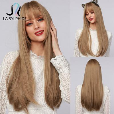 Peluca larga y recta, pelucas de pelo marrón claro con flequillo para mujer, fiesta de Cosplay, uso diario