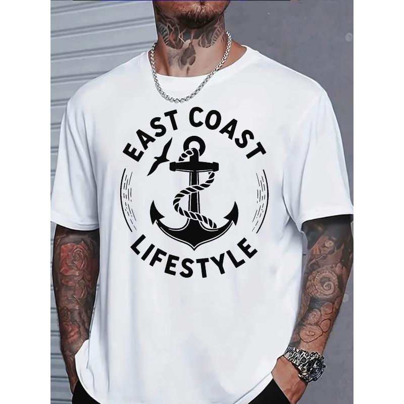 

European sizes Classic Crewneck Men s Fashion Casual Trendy East Coast Lifestyle Graphic T Shirt with Anchor Rope Seagull Circle Pattern Adults 4XL