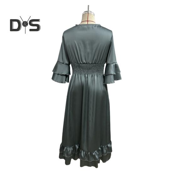 Lady Evening Dress V Neck Slim Waist Ruffle Cuffs Satin Pleated Layered Hem A-line Maxi Dress Long Sleeve Wedding Party Banquet Dress