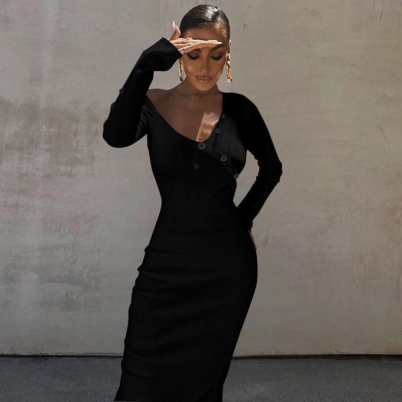 

Solid Color Slanted Shoulder Back Slit Dress Black L