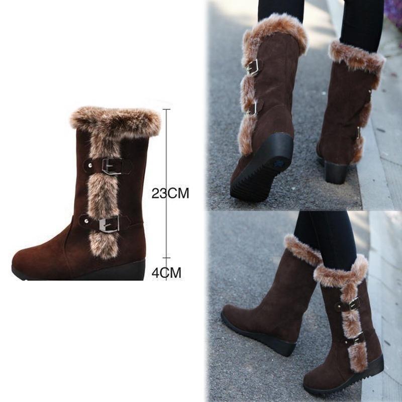 Women Snow Boots Slip-On Faux Fur Winter Shoes Mid-Calf Boots with Wedge Heel