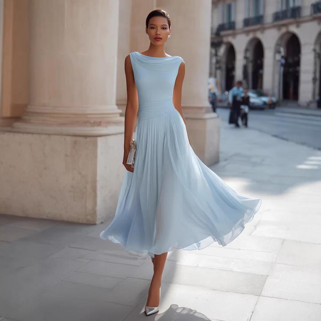 Women's Cowl Neck Sleeveless Maxi Dress Slim Fit Mid Waist Elegant Pleated Solid Color Party Vacation Wedding Guest Dress