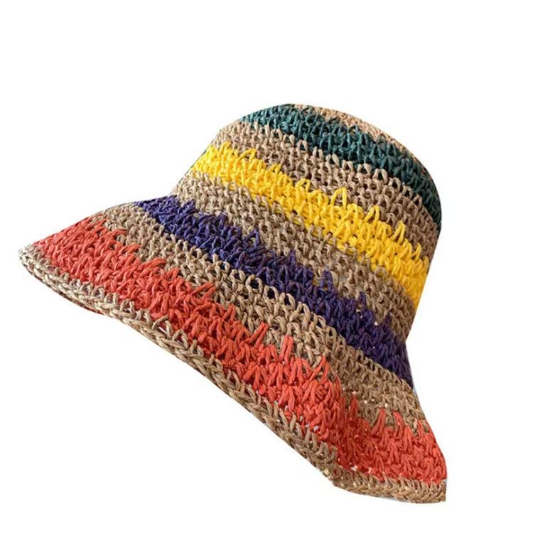 Regenbogen Strohhut Damen Sommer Sonnenschutz Handgehäkelt Großer Rand Eimerhut Damen Strand Sonnenhut Boho Dame Mädchen Mode Hüte