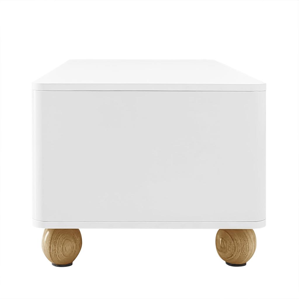 Couchtisch, Wohnzimmertisch mit 2 Schubladen und 4 Türen, offenem Fach mit LED-Beleuchtung, abgerundeten Ecken, kugelförmigen Beinen