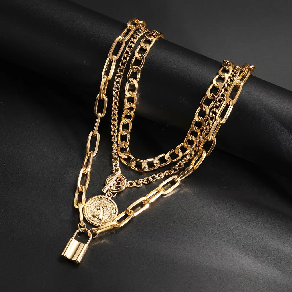 3Pcs/Set Vintage Coin Lock Pendant Necklace For Women Men Elegant Gold Silver Color Unisex Necklace Sets Fashion Hip Hop Jewelry